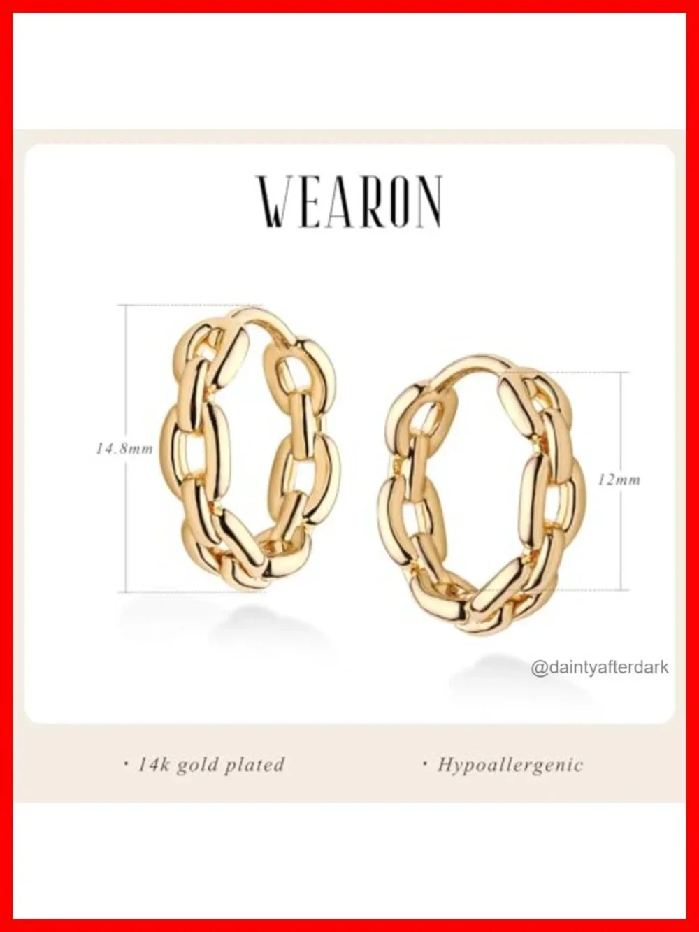 14K Gold Plated Twisted Chain Huggie Hoop Earrings Hypoallergenic Lightweight